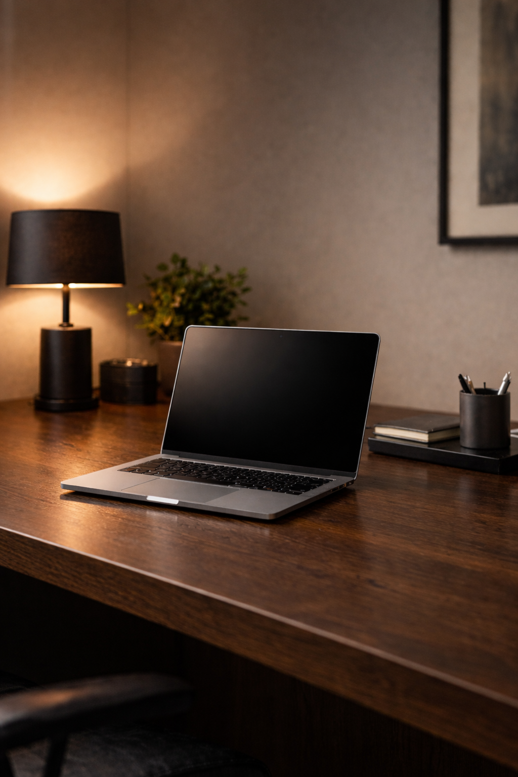 
                    
                    Wooden desk with a laptop
                    
                    