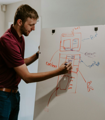 A man writing on a white board